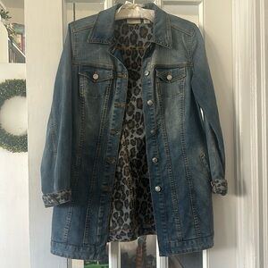 Chicos Long jean jacket, leopard accent size 0